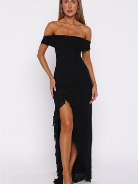 NWT s White Fox Boutique Off Shoulder Ruffle High Slit Maxi Dress icon ln motion